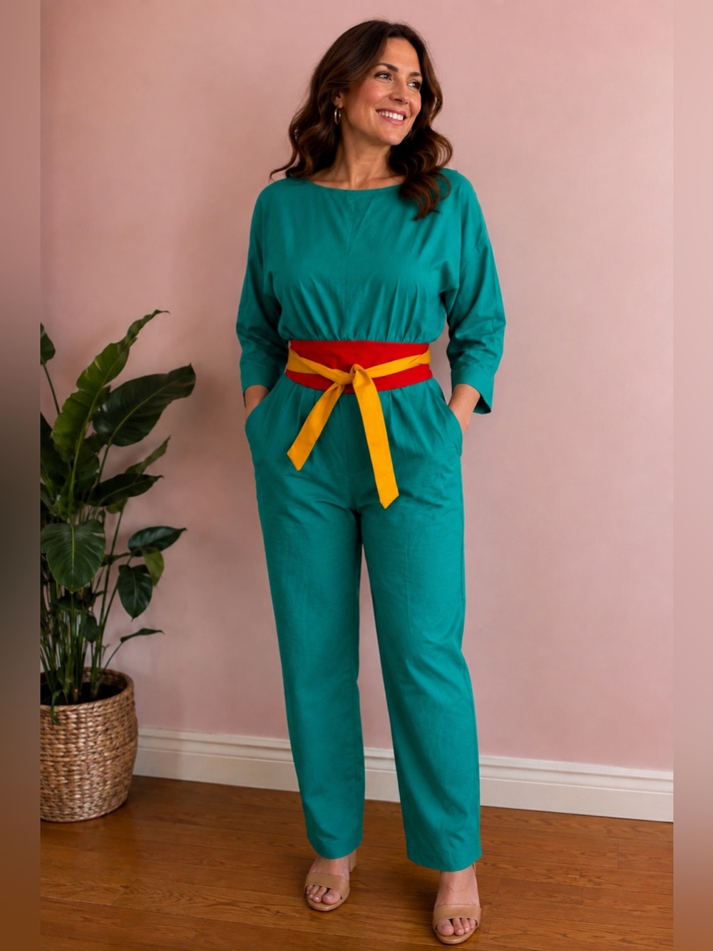 Vintage 80s Green Jumpsuit with Red & Yellow Sash